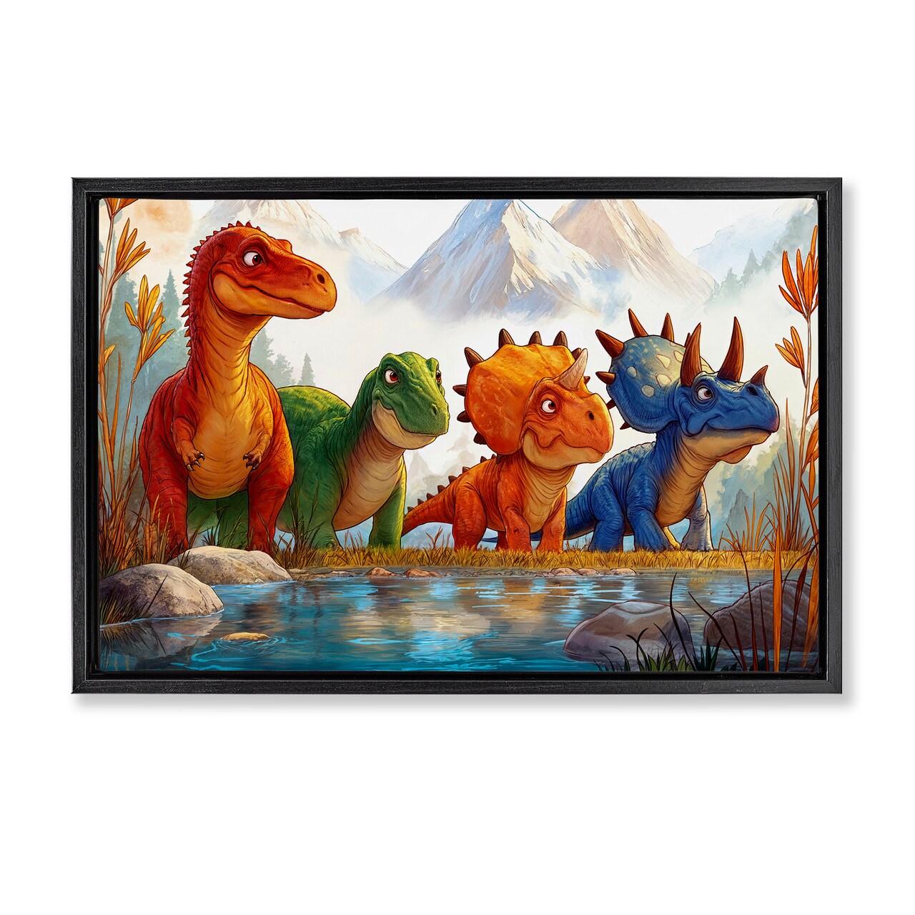 Stupell Industries Four Dinos By The Pond Floating Frame, design by Wumples